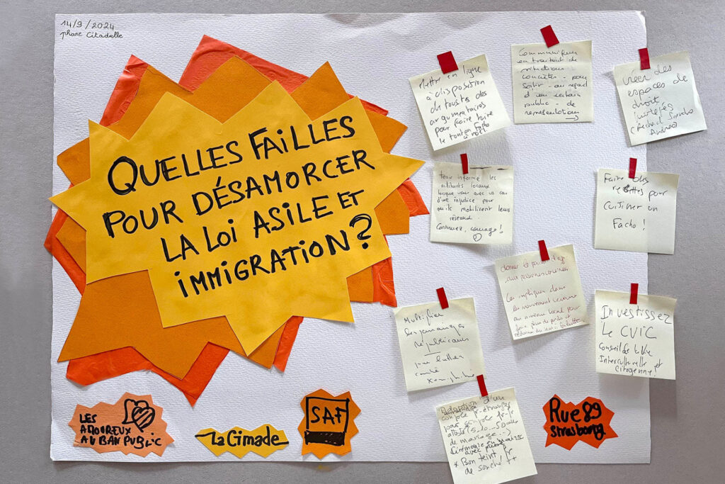 Atelier citoyen du collectif des Amoureux au ban public Strasbourg "Quelles failles pour désamorcer la loi asile et immigration ?", avec la Cimade Grand Est et le SAF Strasbourg, dans le cadre de la Rentrée des luttes organisée par Rue89 Strasbourg